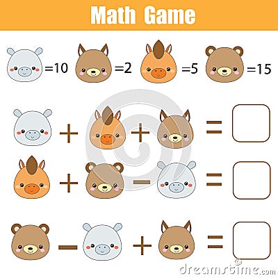 Math educational game. Counting equations. Mathematics worksheet for children with animals faces Vector Illustration