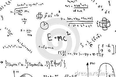 Math equations hand write scientific formulas and calculations in physics and mathematics on white Stock Photo