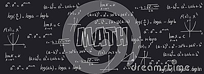 Math exercises, formulas and equations for calculus, algebra with black background. School and university notes, functions, Vector Illustration