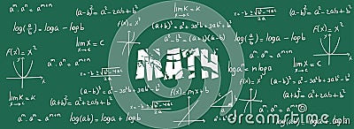 Math exercises, formulas and equations for calculus, algebra with green slate background. School and university notes, functions, Vector Illustration