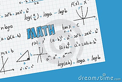 Math exercises, formulas and equations for calculus, algebra with grid sheet and blue background Stock Photo