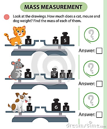 Math game, education game for children. Mass measurement. Scales. How much does a cat, mouse and dog weight? Logic puzzle for kids Vector Illustration