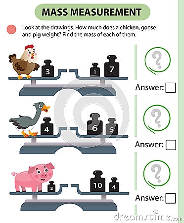 Math game, education game for children. Mass measurement. Scales. How much does a chicken, goose and pig weight? Logic puzzle for Vector Illustration