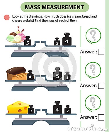 Math game, education game for children. Mass measurement. Scales. How much does ice cream, bread and cheese weight? Logic puzzle Vector Illustration