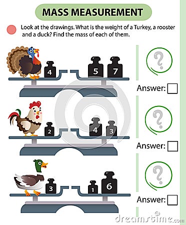 Math game, education game for children. Mass measurement. Scales. Solve the examples. Logic puzzle for kids. Worksheet vector Vector Illustration