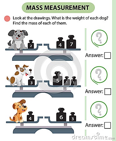 Math game, education game for children. Mass measurement. Scales. Solve the examples. Logic puzzle for kids. Worksheet vector Vector Illustration