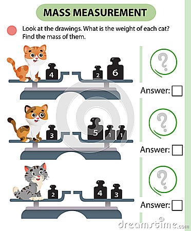 Math game, education game for children. Mass measurement. Scales. Solve the examples. Logic puzzle for kids. Worksheet vector Vector Illustration