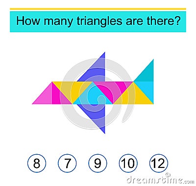 Math game for kids. How many triangles are there? Need to find the correct answer. Vector Illustration