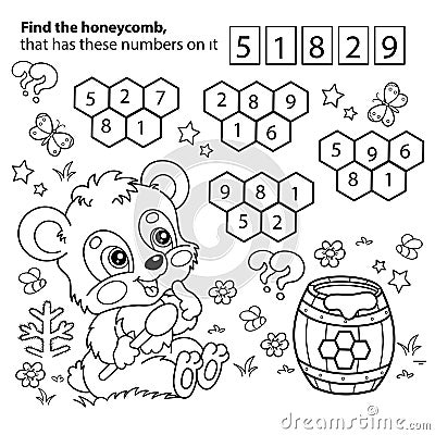 Math game. Puzzle for kids. Coloring Page Outline Of cartoon little bear cub with barrel of honey. Coloring Book for children Vector Illustration