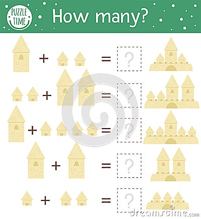 Math game with sandcastles. Summer mathematic activity for preschool children. Beach holiday counting worksheet. Educational Vector Illustration