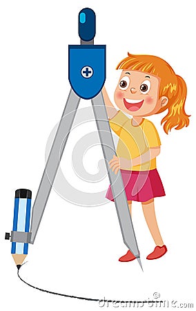 Math girl cartoon character with compass Vector Illustration