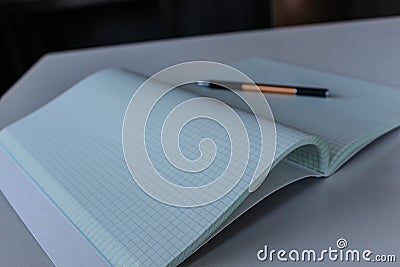 math grid box graphing paper open book engineering closeup macro background education backdrop with writing pen utensil Stock Photo