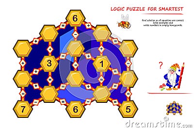 Math logic puzzle game for smartest. Find solution so all equations are correct. Solve examples and write numbers in empty Vector Illustration