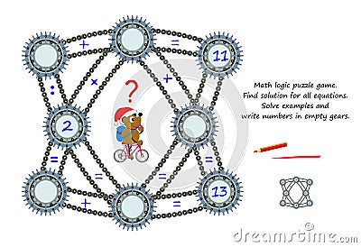 Math logic puzzle game for smartest. Find solution for all equations. Solve examples and write numbers in empty gears. Page for Vector Illustration