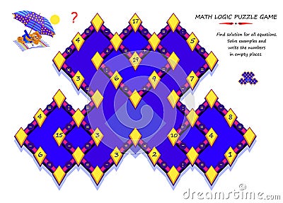 Math logic puzzle game for smartest. Find solution for all equations. Solve examples and write numbers in empty places. Page for Vector Illustration