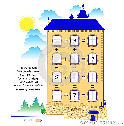 Math logic puzzle game for smartest. Find solution for all equations. Solve examples and write numbers in empty windows. Page for Vector Illustration