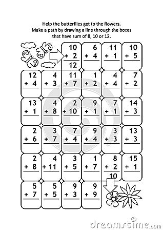 Math maze with addition facts for numbers up to 20 Vector Illustration