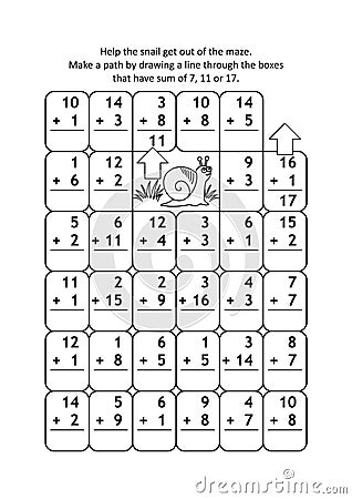 Math maze with addition facts for numbers up to 20 Vector Illustration