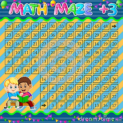 Math Maze Addition Worksheet with two boy reading book Vector Illustration