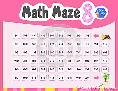 Math Maze is a mini game for children. Cartoon style. Vector illustration. Cartoon Illustration