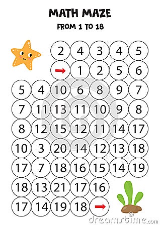 Math maze from one to 18. Cute cartoon starfish and seaweed Vector Illustration