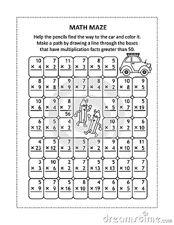 Math maze with multiplication facts for numbers up to 100 Vector Illustration