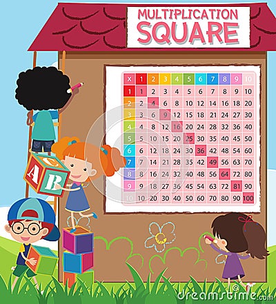 Math Multiplication Square with Students Vector Illustration