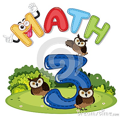 Math number 3 with three owls Vector Illustration