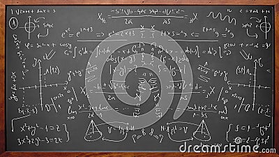 Math physics formulas on chalkboard Stock Photo