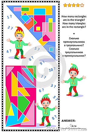 Math puzzle with basic shapes and elves for kids and adults. Count rectangles. Count triangles. Answer included. Vector Illustration