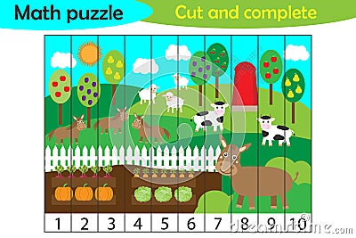 Math puzzle, farm animals and garden in cartoon style, education game for development of preschool children, use scissors, cut Stock Photo