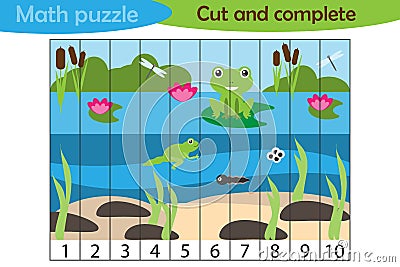 Math puzzle, pond with frog in cartoon style, education game for development of preschool children, use scissors, cut parts of the Stock Photo