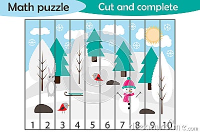 Math puzzle, xmas picture with snowy forest in cartoon style, education game for development of preschool children, use scissors, Stock Photo