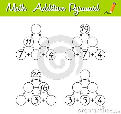 Math Pyramid Game. Educational a mathematical game. Beginner level 2. Mathematical puzzle Vector Illustration