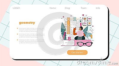 Math school subject web banner or landing page. Students studying Cartoon Illustration