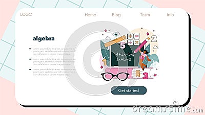 Math school subject web banner or landing page. Students studying Vector Illustration