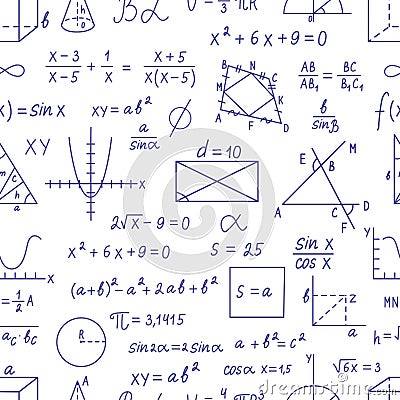 Math seamless pattern. Mathematics solutions, physics formulas. Numbers and graphs, functions calculate. Education Vector Illustration