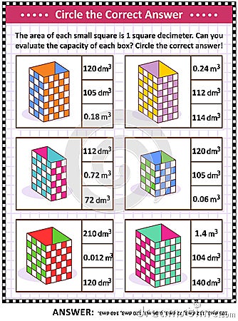 Math skills training puzzle or worksheet with box capacity evaluation Vector Illustration