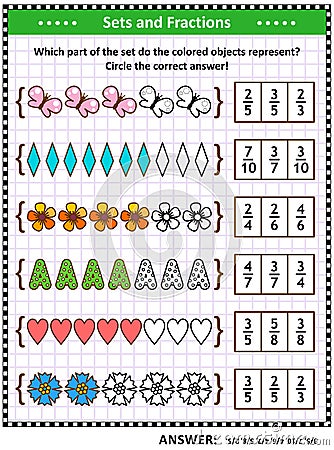 Math skills training puzzle or worksheet with pictorial fraction representations Vector Illustration