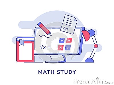 Math study calculation formula on computer screen background of book desk lamp with flat outline style Vector Illustration