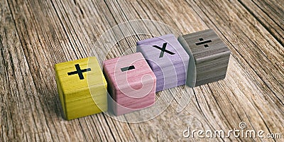 Math symbols on wooden blocks. 3d illustration Cartoon Illustration