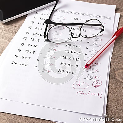 Math Test On Teacher Desk Stock Photo