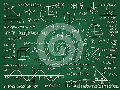 Math theory. Mathematics calculus on class chalkboard. Algebra and geometry science handwritten formulas vector Vector Illustration