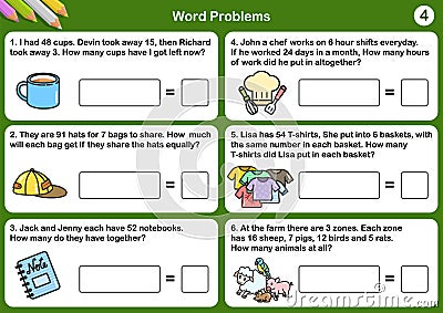 Math word problem worksheets - Sheet for exam and testing. Vector Illustration