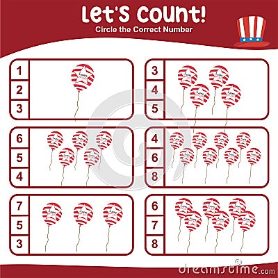 Let's counting together the balloons with American Independence Day theme and circle the correct number Vector Illustration