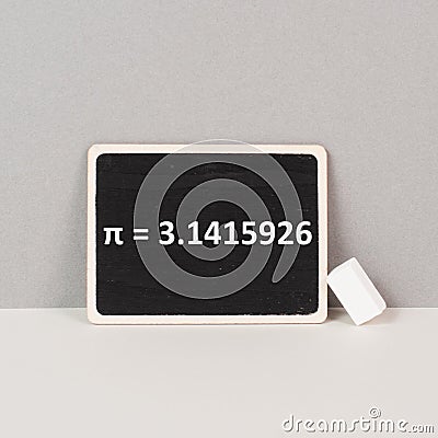 The mathematical constant pi 3,141 is standing on a chalkboard, defined in Euclidean geometry as the ratio of a circle Stock Photo