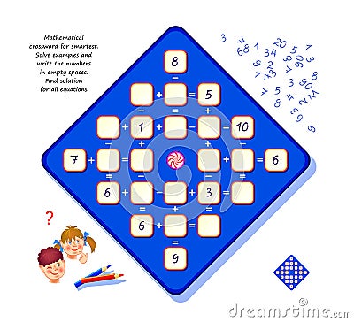Mathematical crossword for smartest. Logic puzzle game for children and adults. Solve examples and write the numbers. Find Vector Illustration