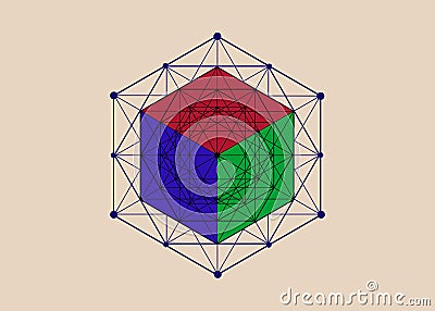 Mathematical 3D solid cube, Hexagonal Mandala, sacred geometry, magic hexagram. Abstract Geometric pattern element line design Vector Illustration