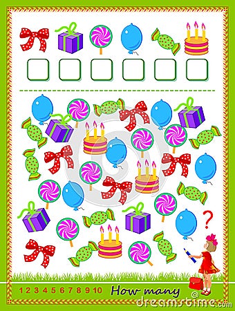 Mathematical education for children. Count quantity of objects and write numbers. Developing counting skills. Logic puzzle game. Vector Illustration