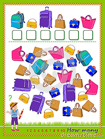Mathematical education for children. How many bags can you find? Count quantity and write the numbers. Developing counting skills Vector Illustration